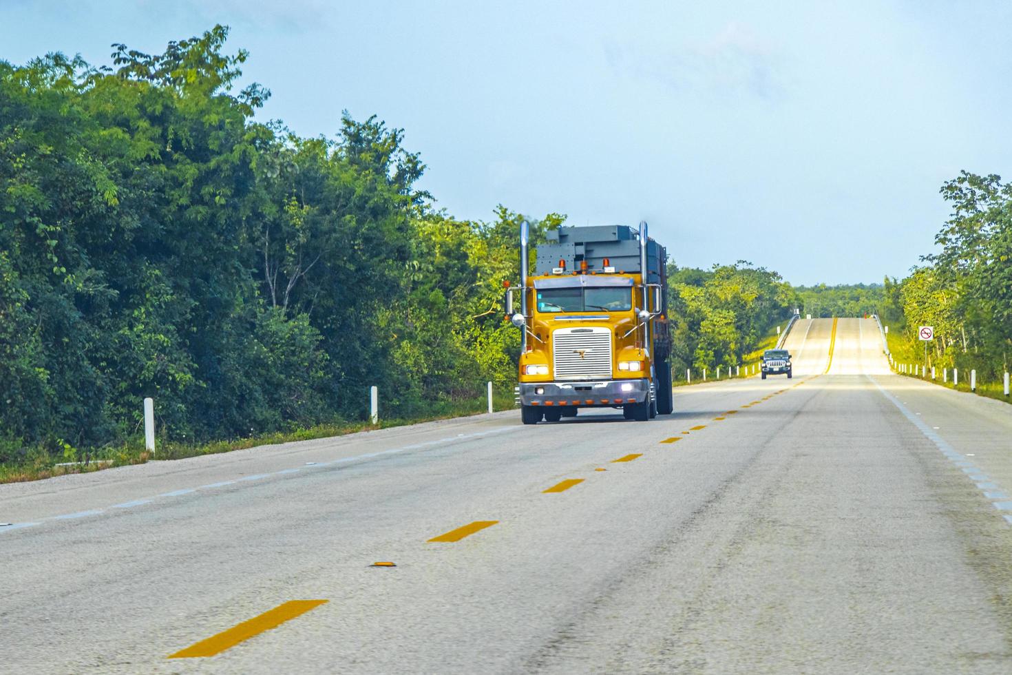 conduciendo un camión dorado en la carretera en la jungla de la naturaleza tropical de México. foto