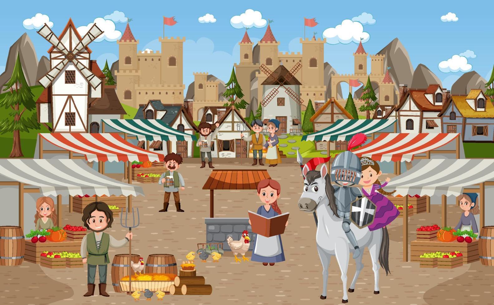 Medieval town scene with villagers at the market vector