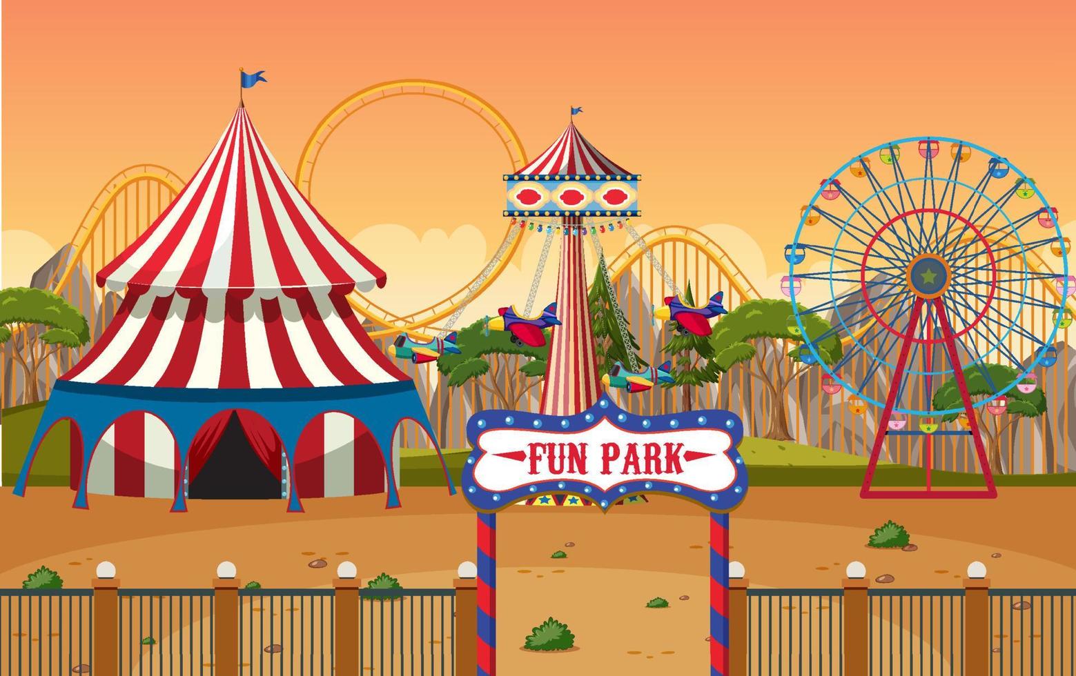 Escena del parque de atracciones con noria y cúpula de circo. vector