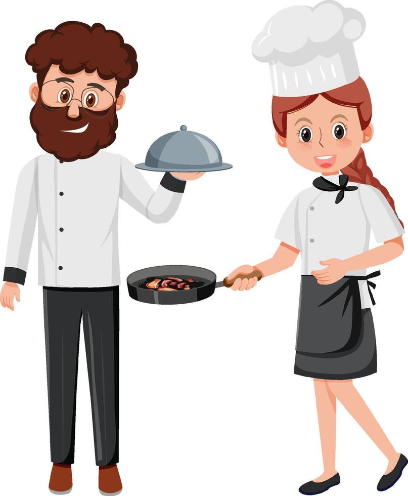 Chef and waiter cartoon character on white background vector