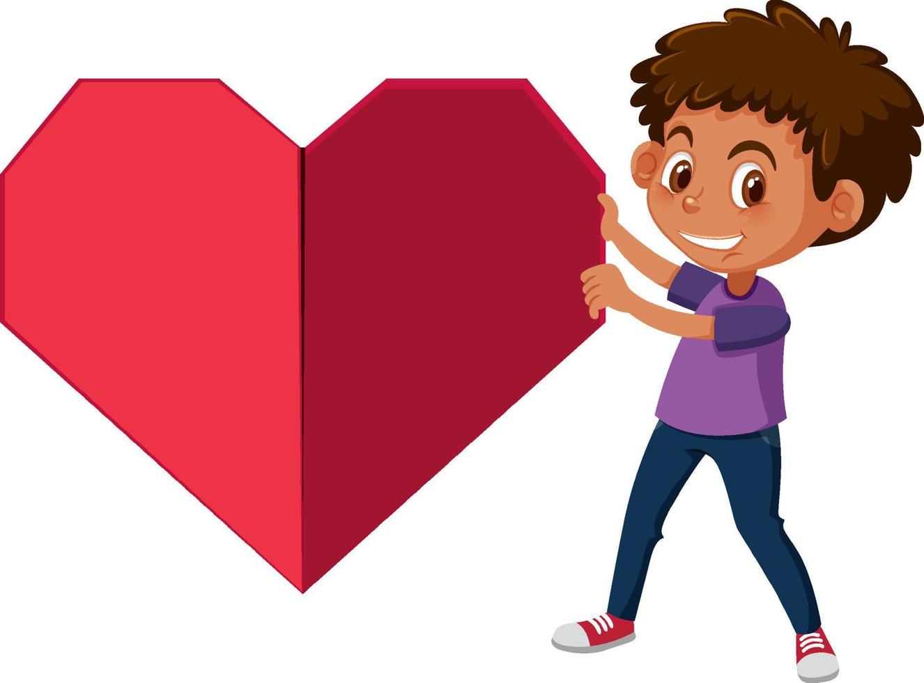 un niño y un gran corazón rojo de origami vector