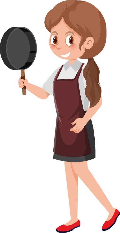 A woman holding a pan wearing apron cartoon character on white background vector