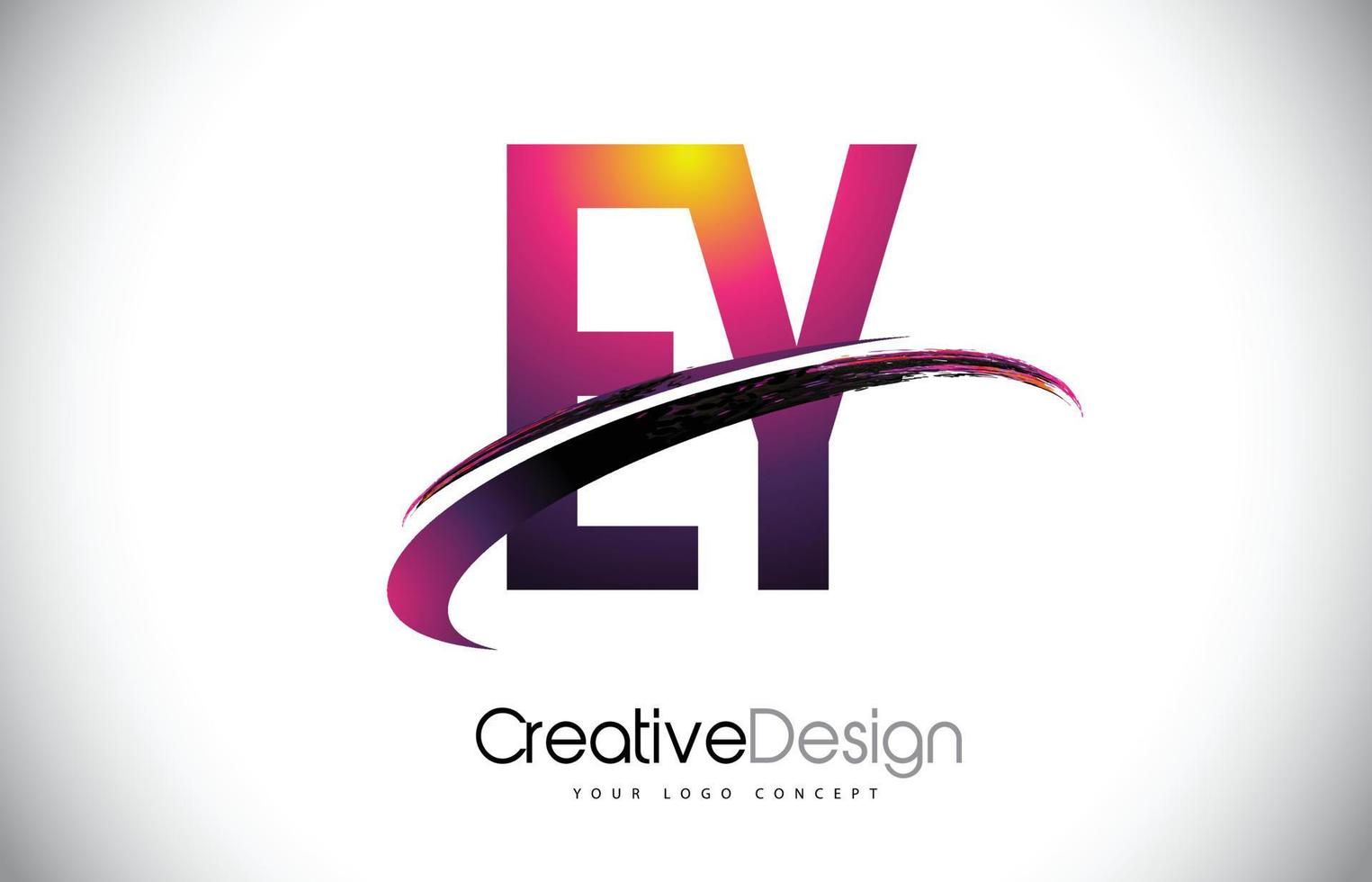 EY E Y Purple Letter Logo with Swoosh Design. Creative Magenta Modern Letters Vector Logo.