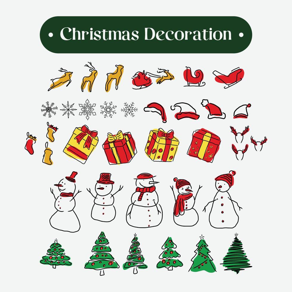 set collection of hand drawing Christmas decoration, Christmas tree, snowman, giftbox, snow, etc vector