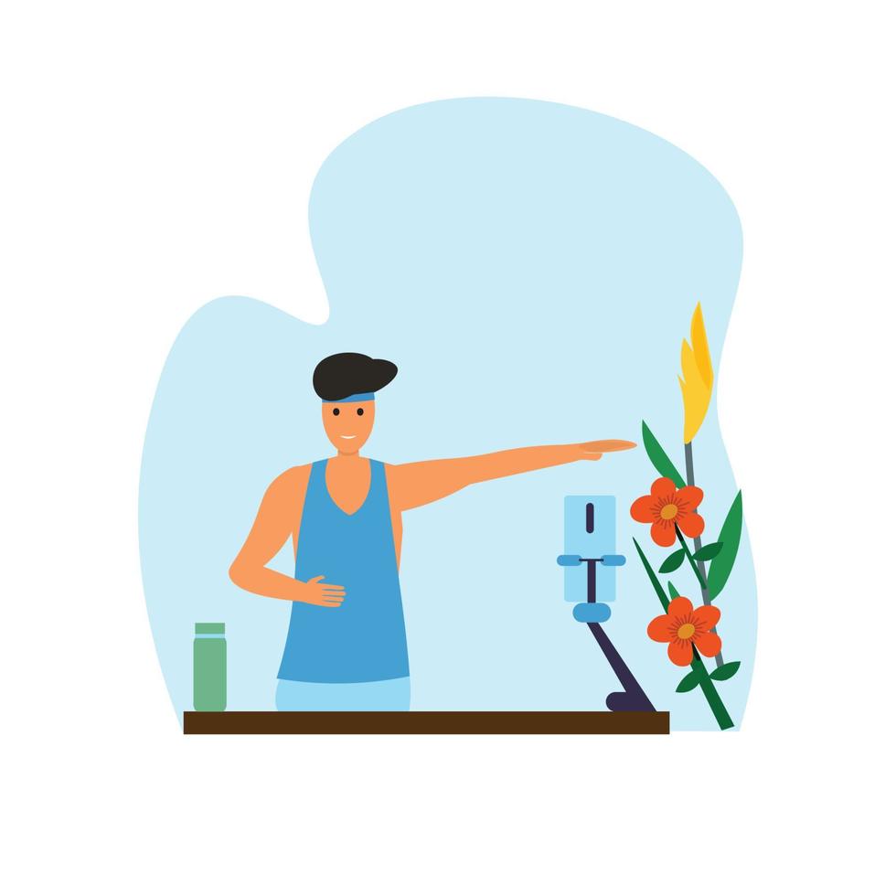 vector flat illustration of a gym trainer doing a live broadcast on online social media, on a floral background.