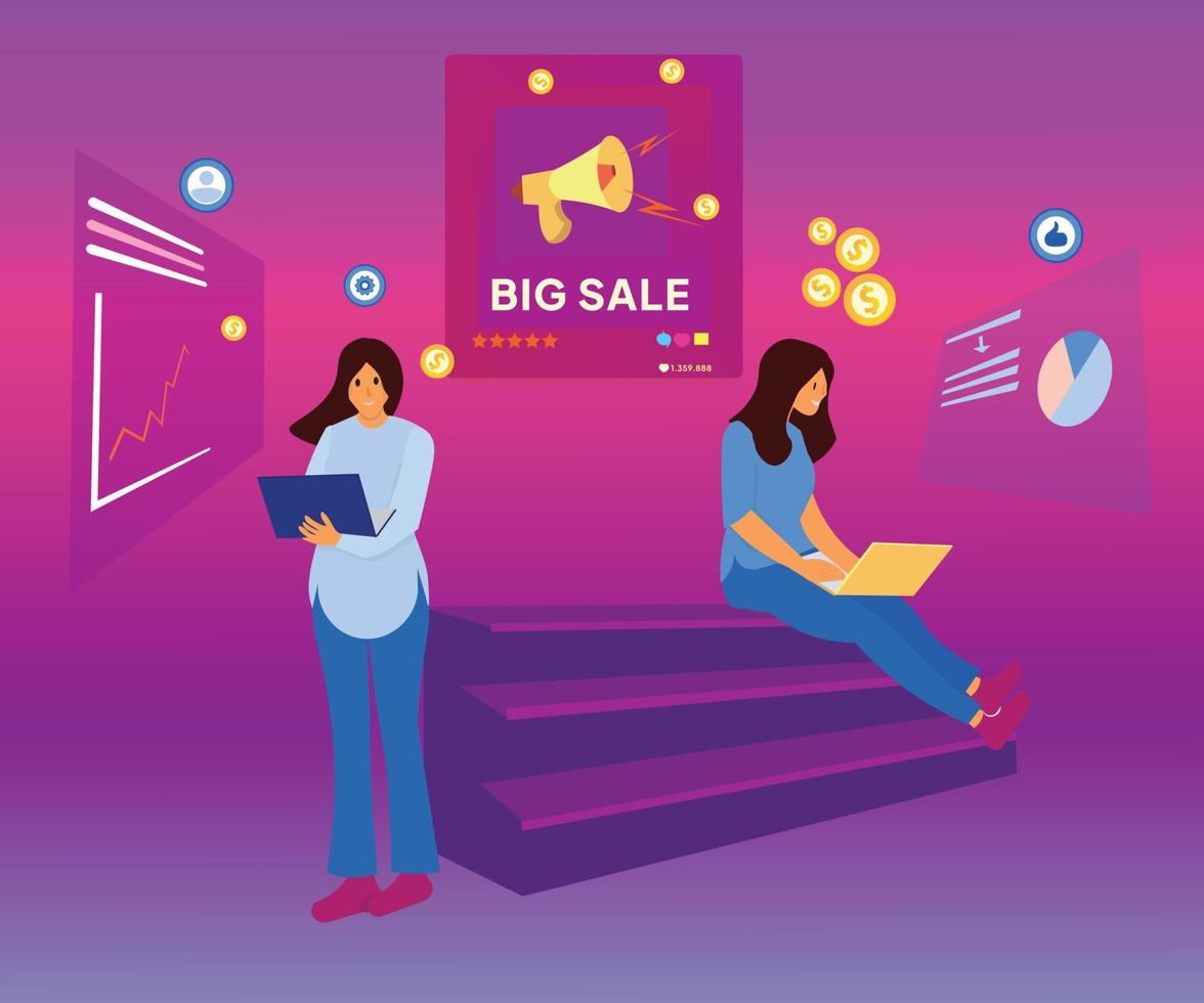 Vector graphic illustration of 2 women making sales charts using their laptops, with social media background.