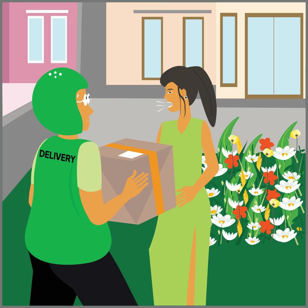 Vector flat illustration of a courier delivering orders to a grumpy woman in front of her house.