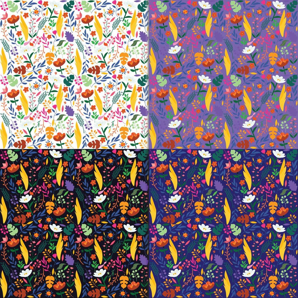 Floral seamless pattern, vintage set 4 color, white, black, purple, dark blue, isolated vector illustration for fabric, textile.