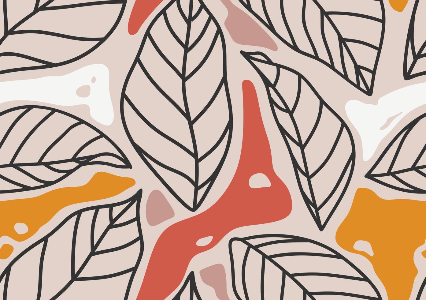 Hand drawn tropical leaves with seamless pattern. Botanical trendy design in multiple colors. Vector repeat design for fabric, wallpaper or wrapping paper.