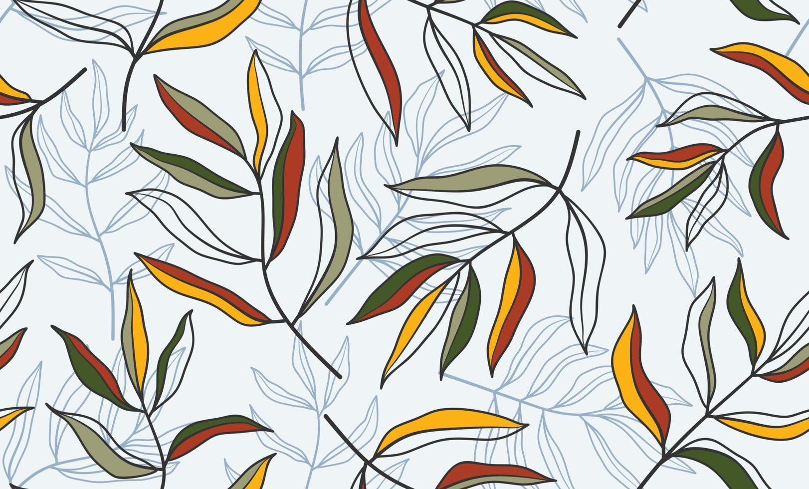 Hand drawn tropical leaves with seamless pattern. Botanical trendy design in multiple colors. Vector repeat design for fabric, wallpaper or wrapping paper.