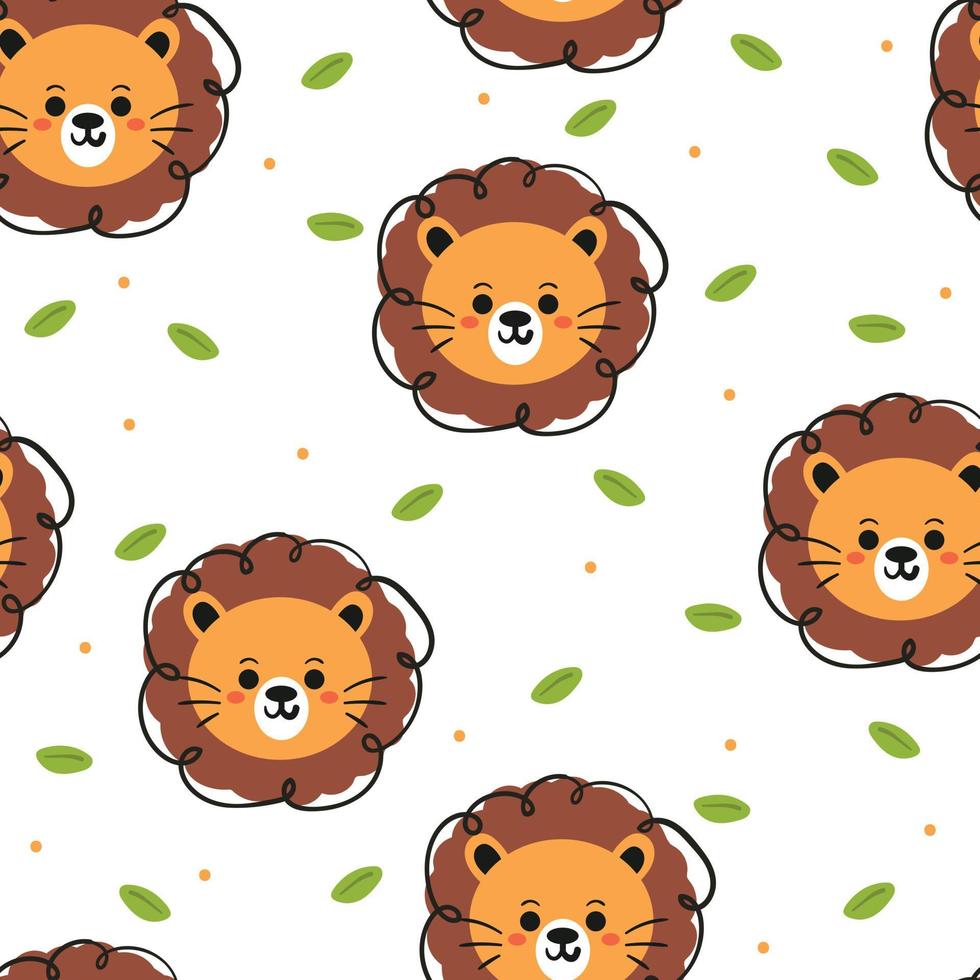 seamless pattern cute cartoon lion and leaf vector