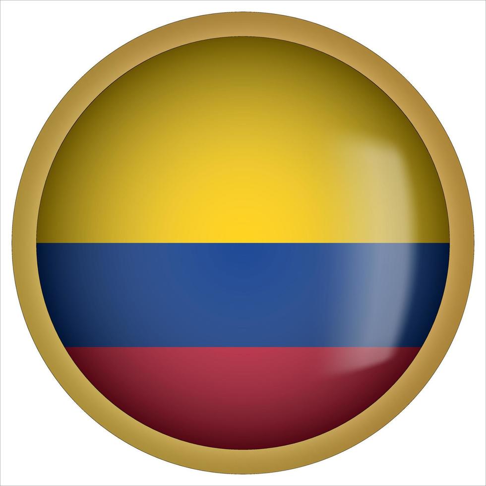 Colombia 3D rounded Flag Button Icon with Gold Frame vector