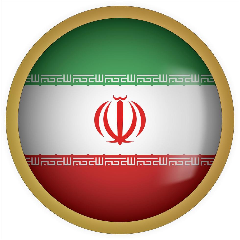 Irán icono de botón de bandera redondeada 3d con marco dorado vector