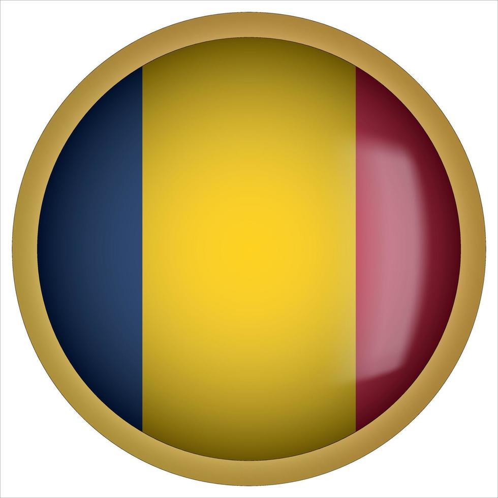 Chad 3D rounded Flag Button Icon with Gold Frame vector