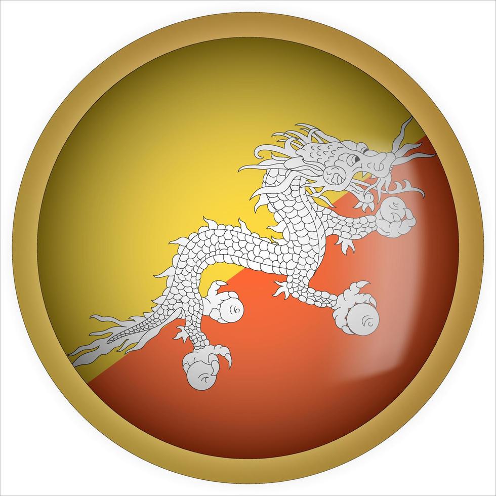 Bhutan 3D rounded Flag Button Icon with Gold Frame vector