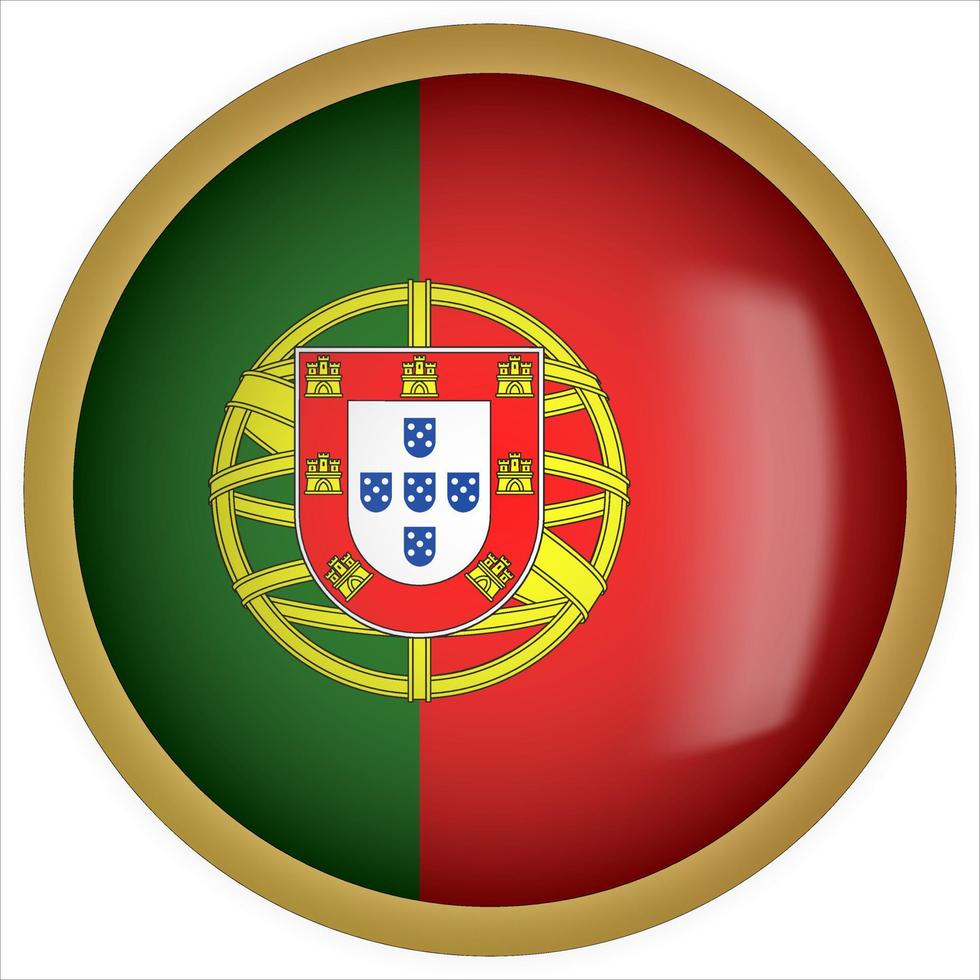 Portugal icono de botón de bandera redondeada 3d con marco dorado vector