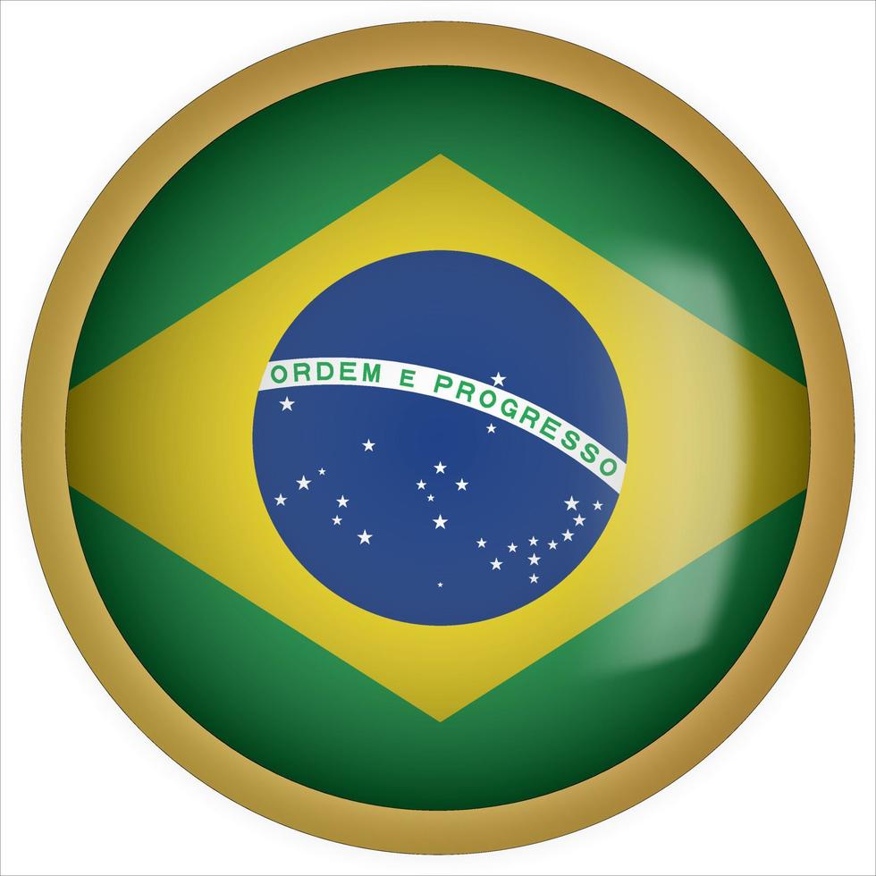 Brazil 3D rounded Flag Button Icon with Gold Frame vector