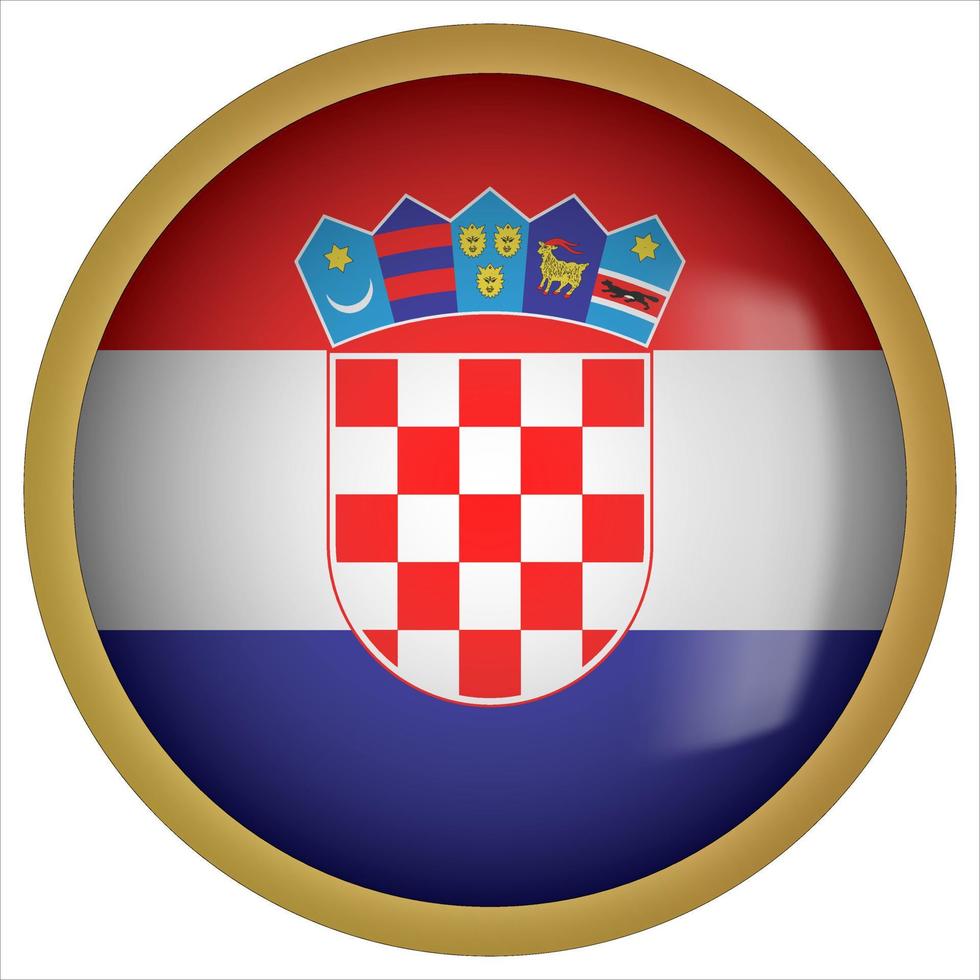 Croacia icono de botón de bandera redondeada 3d con marco dorado vector