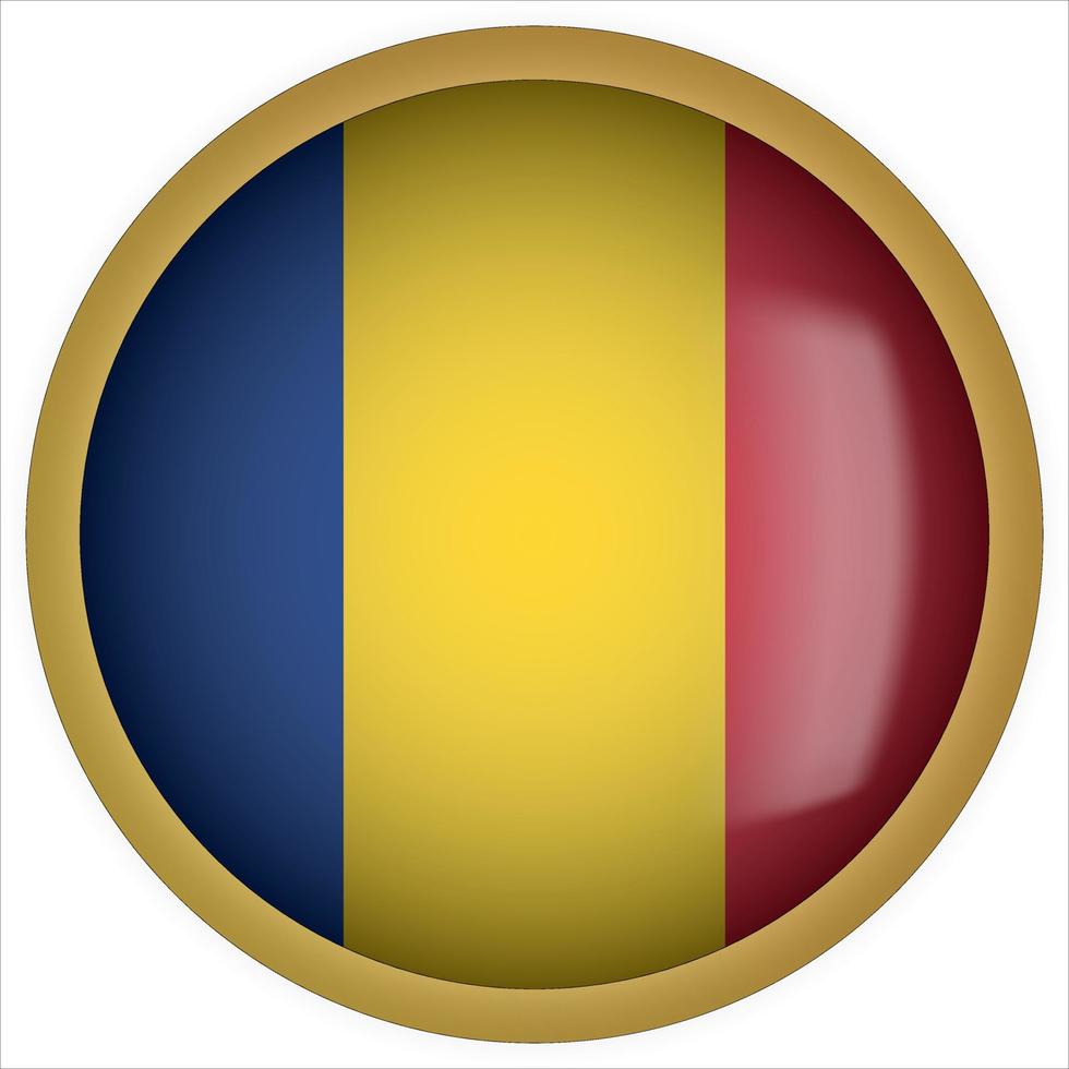 Rumania 3d icono de botón de bandera redondeada con marco dorado vector