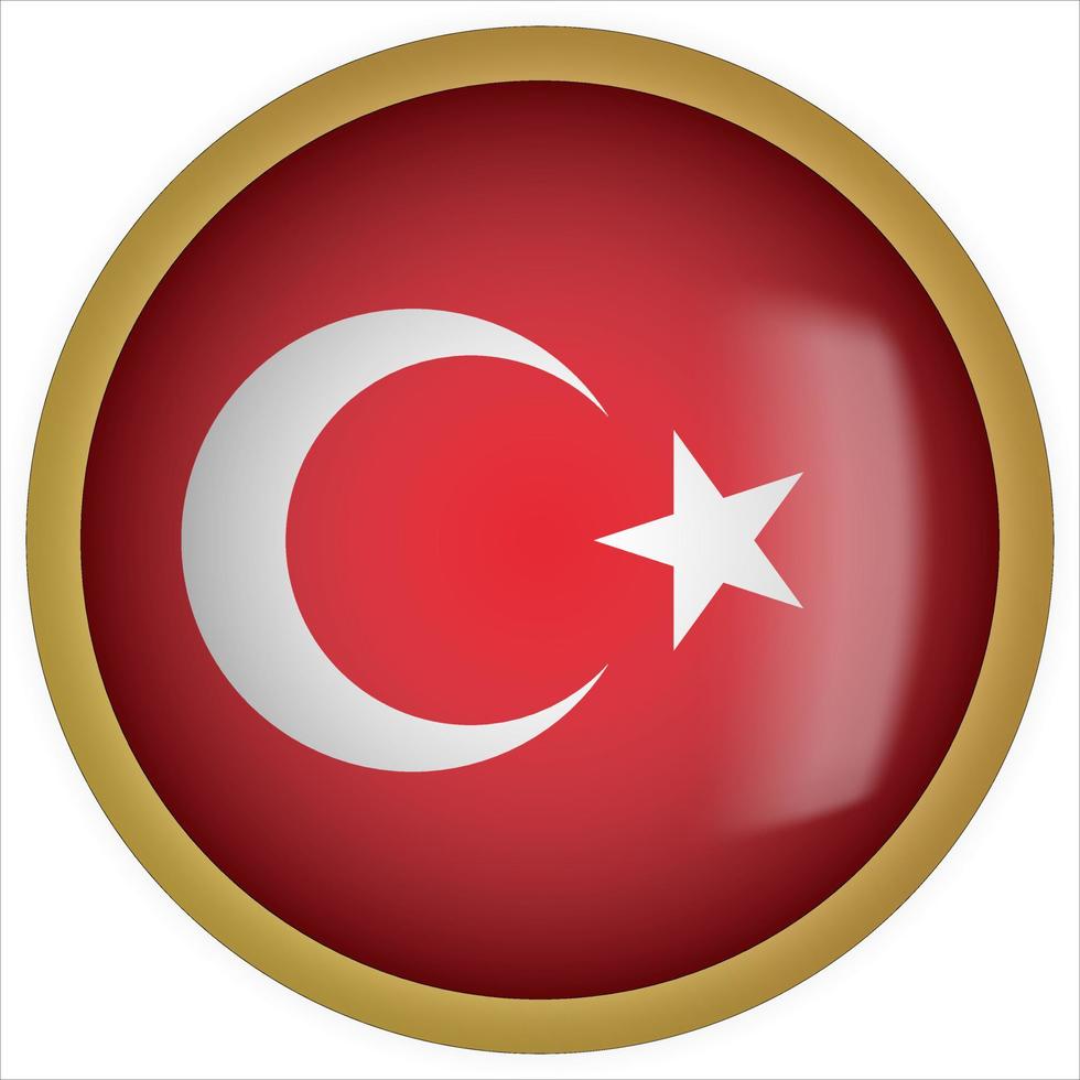 Turkey 3D rounded Flag Button Icon with Gold Frame vector