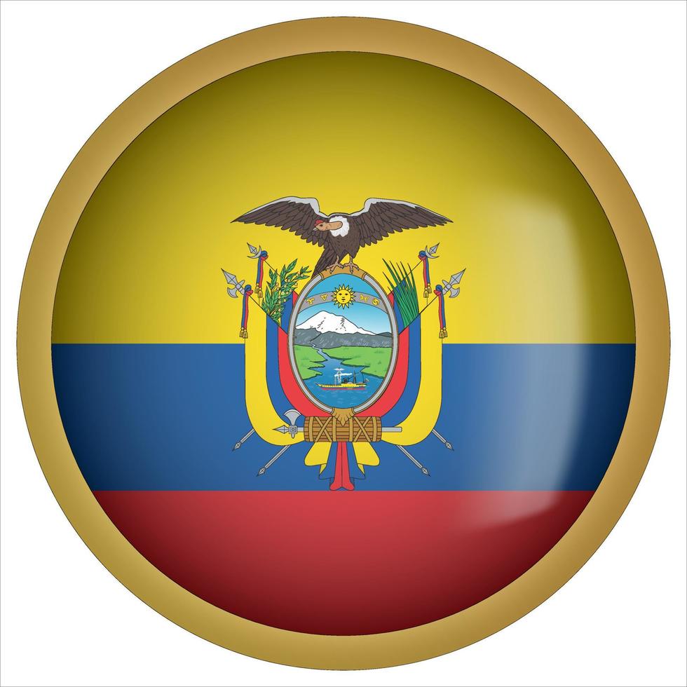 Ecuador icono de botón de bandera redondeada 3d con marco dorado vector