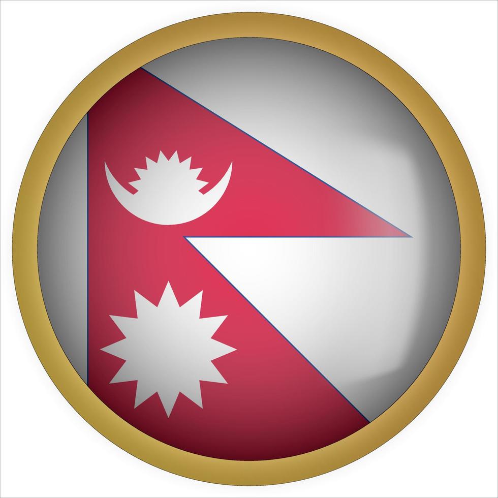 Nepal 3D rounded Flag Button Icon with Gold Frame vector