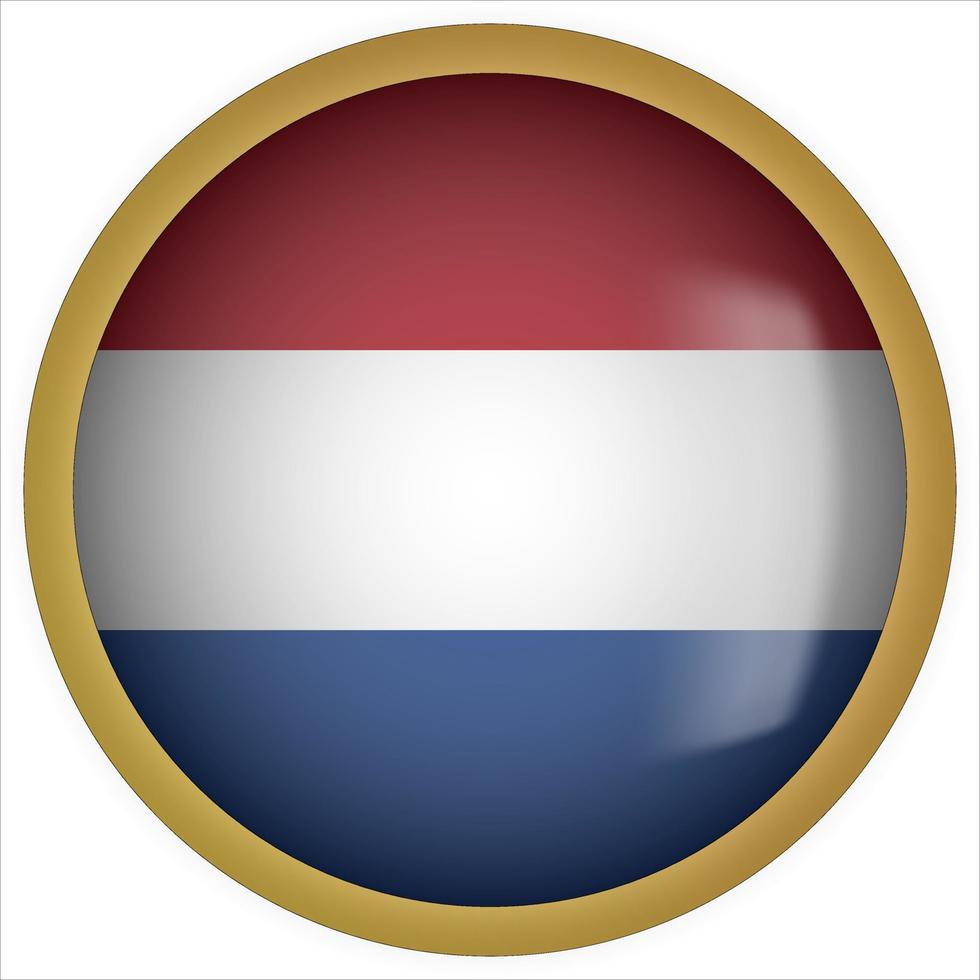 Netherlands 3D rounded Flag Button Icon with Gold Frame vector