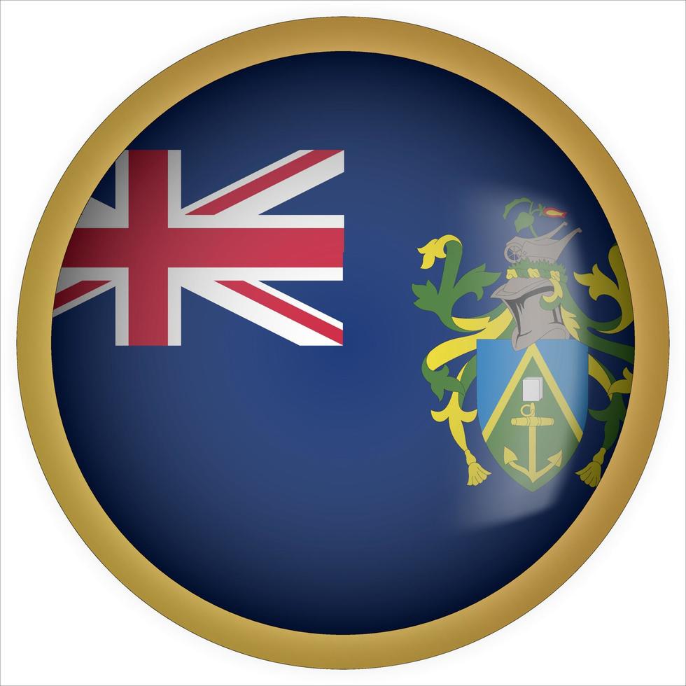 Islas pitcairn icono de botón de bandera redondeada 3d con marco dorado vector