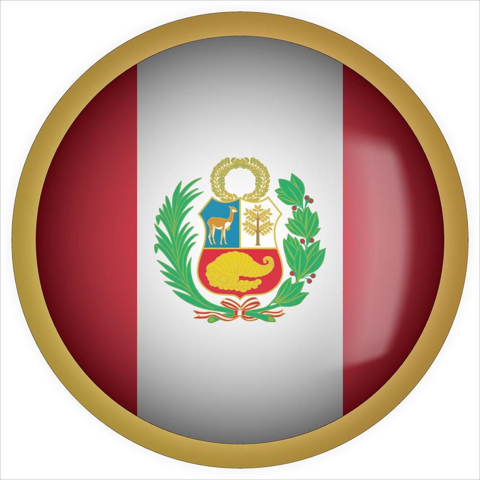 Perú icono de botón de bandera redondeada 3d con marco dorado vector