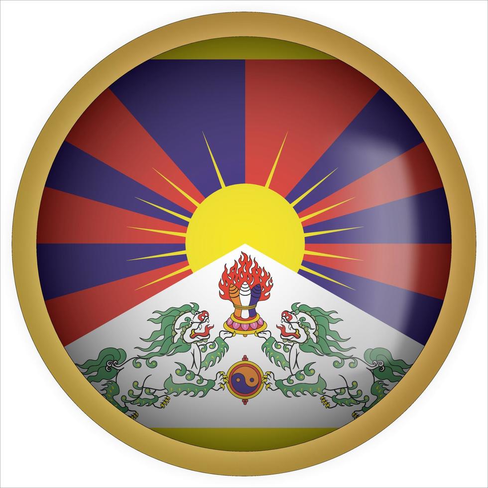 Tibet 3d icono de botón de bandera redondeada con marco dorado vector