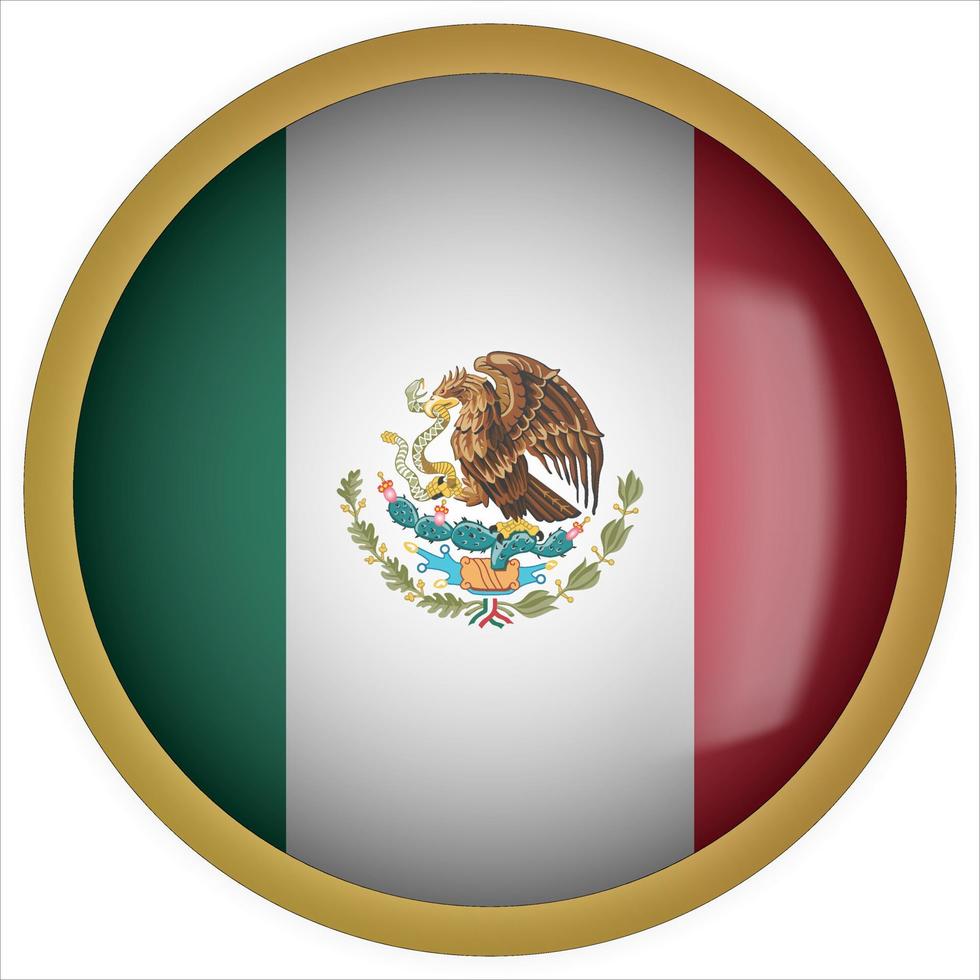 México icono de botón de bandera redondeada 3d con marco dorado vector