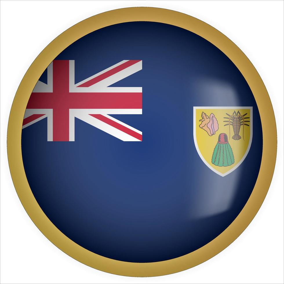 Turks and Caicos 3D rounded Flag Button Icon with Gold Frame vector