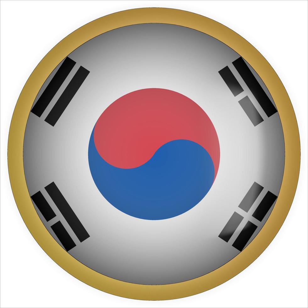 corea del sur 3d icono de botón de bandera redondeada con marco dorado vector