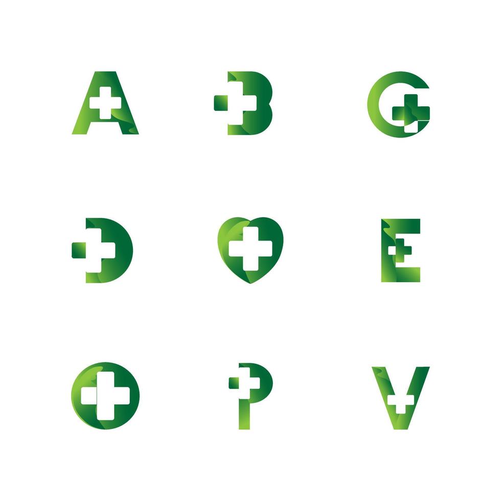 health letter logo bundle design, with letter and plus combination design into one unique and elegant symbol.green gradation.white isolated.modern template. vector