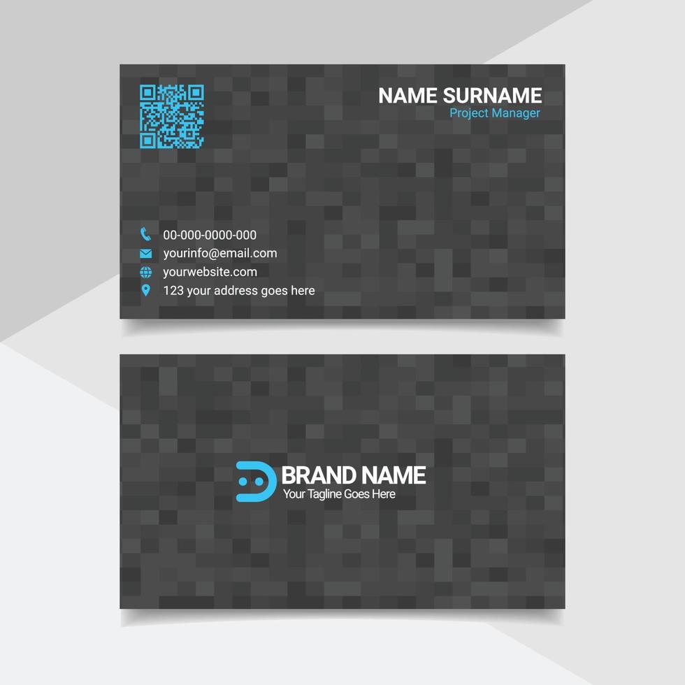 Blue Technology Business Card Design, Black Visiting Card Template with Pixelated Tech Background vector