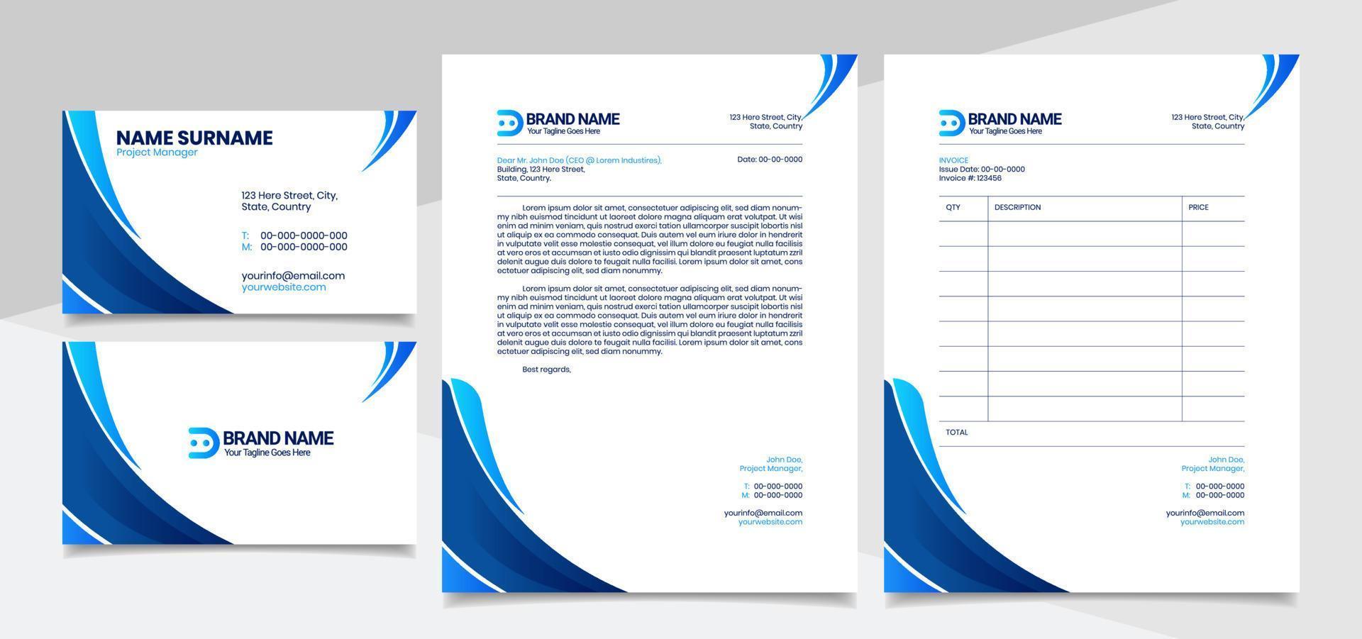 Brand Identity Design including Business Card, Invoice and Letterhead Designs, Blue and White Modern Wavy Abstract Templates vector