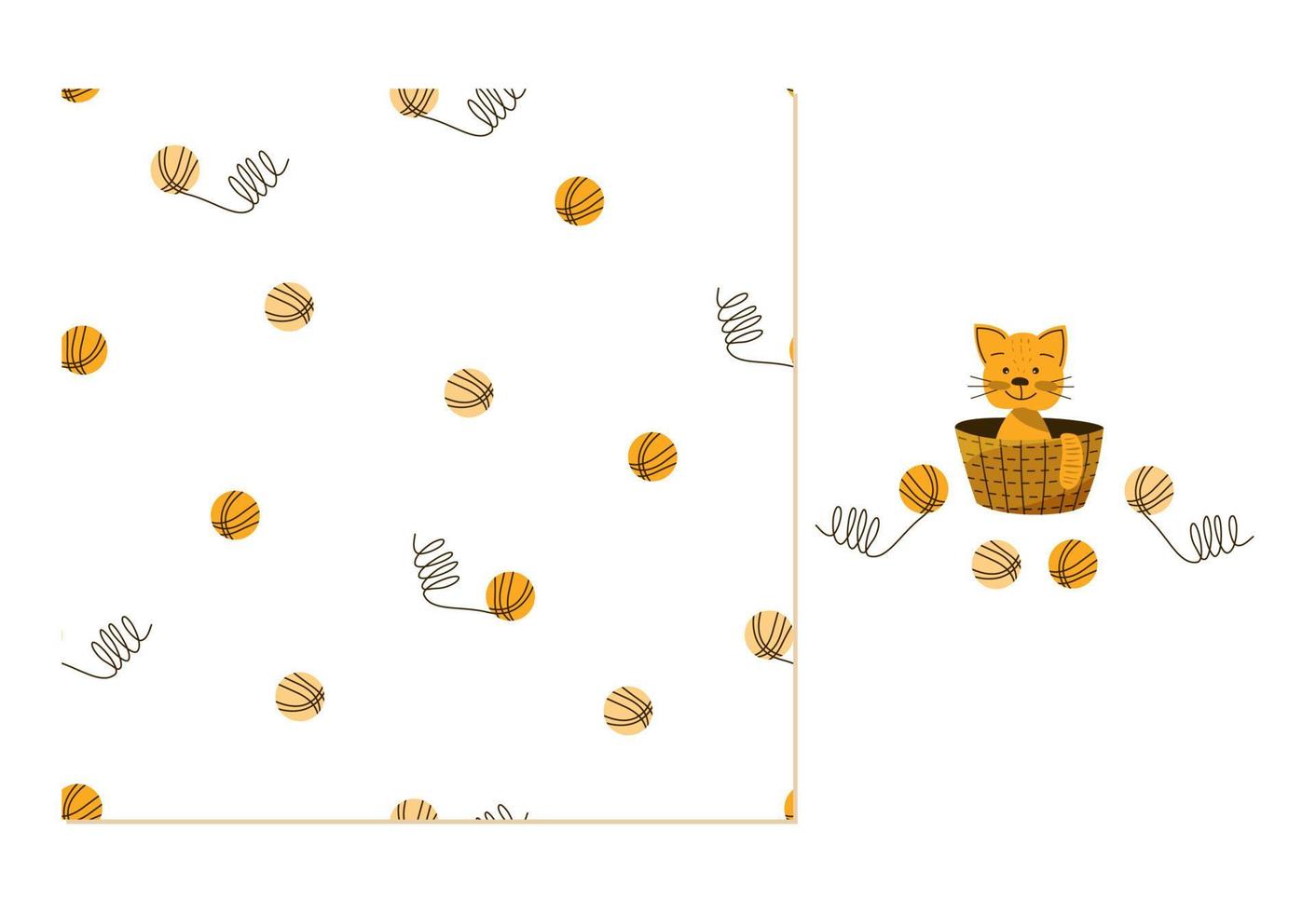 Cute cat sitting in basket. Simple seamless pattern with ball of thread for childish clothes. vector