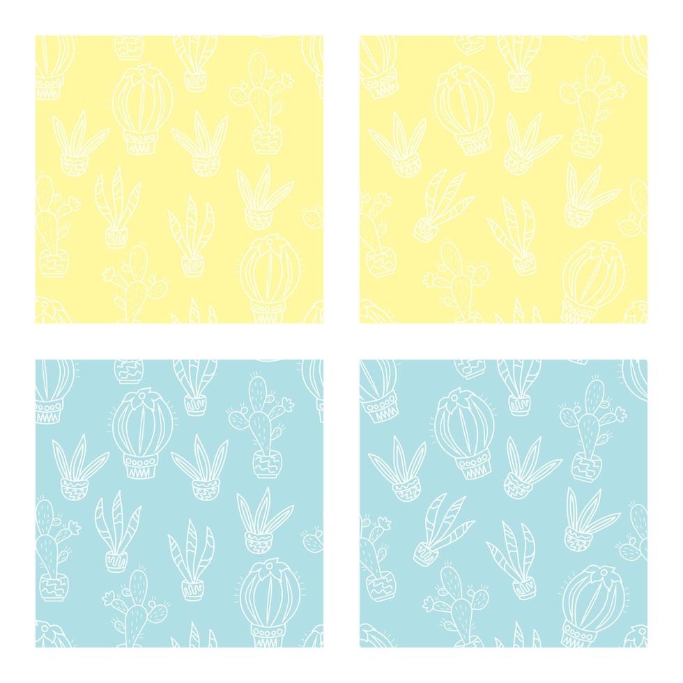 Collection of seamless patterns with cacti. Yellow and blue background. Good for childish clothes, surface design. Vector illustration.