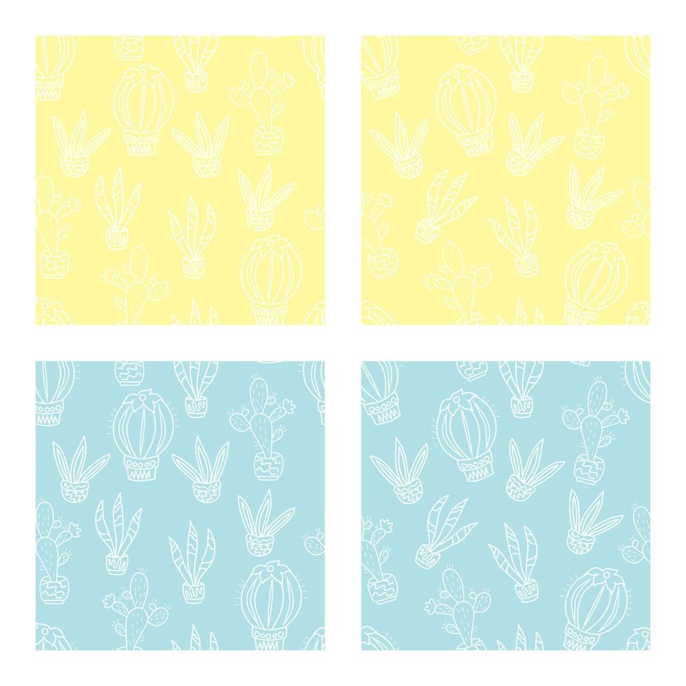 Collection of seamless patterns with cacti. Yellow and blue background. Good for childish clothes, surface design. Vector illustration.