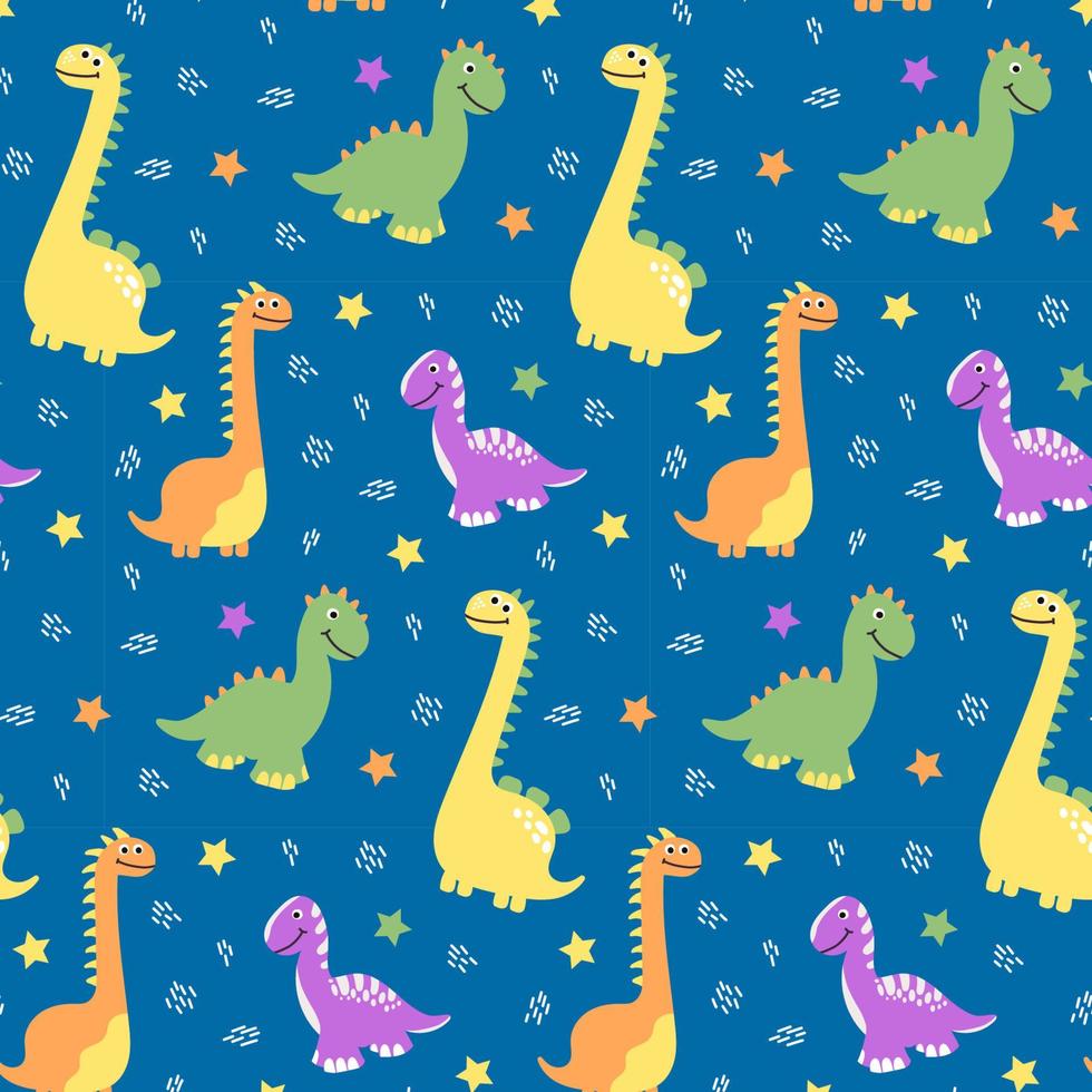 Seamless pattern of multicolored dinosaurs on blue background with stars in the cartoon style vector