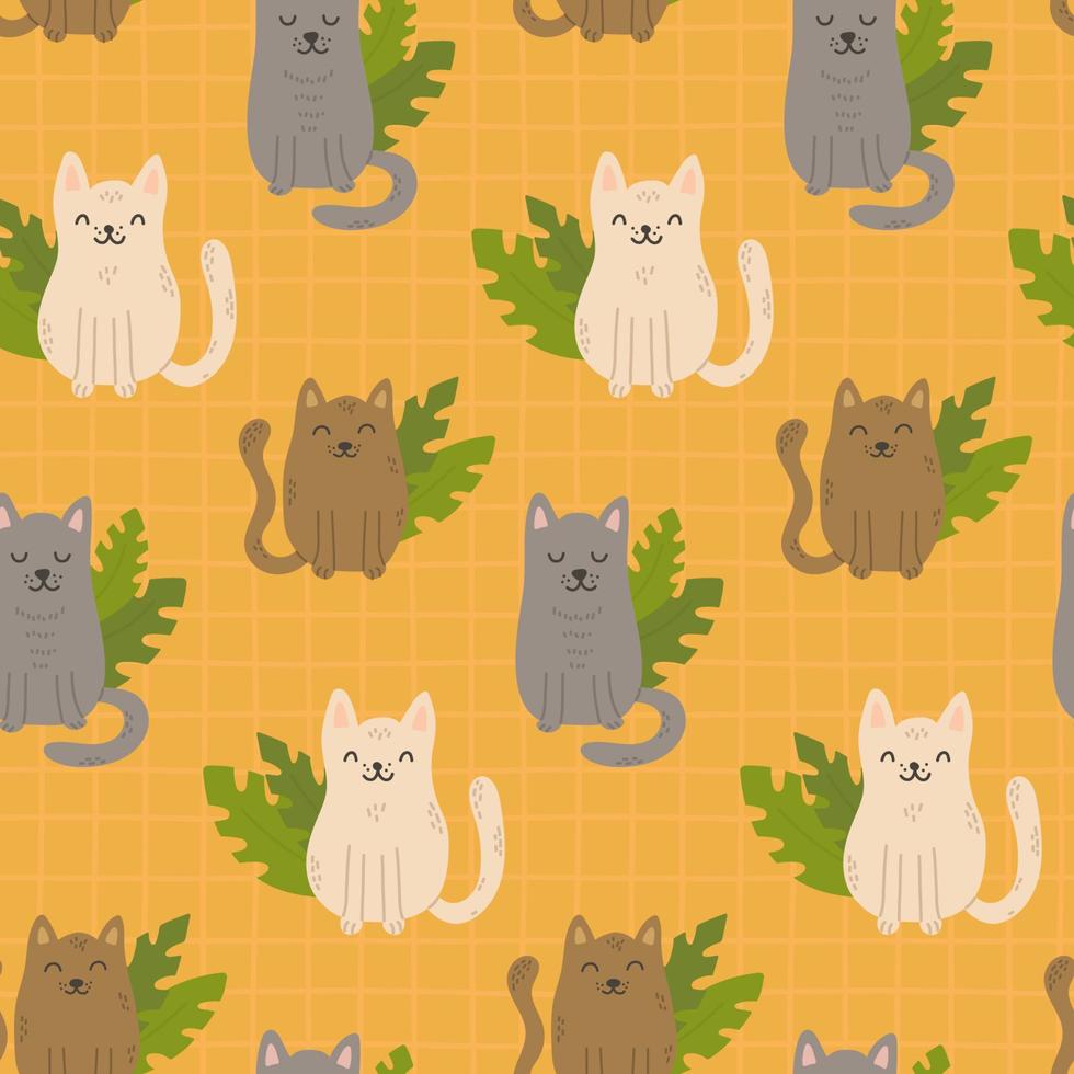 Seamless yellow pattern background cats and leaves vector