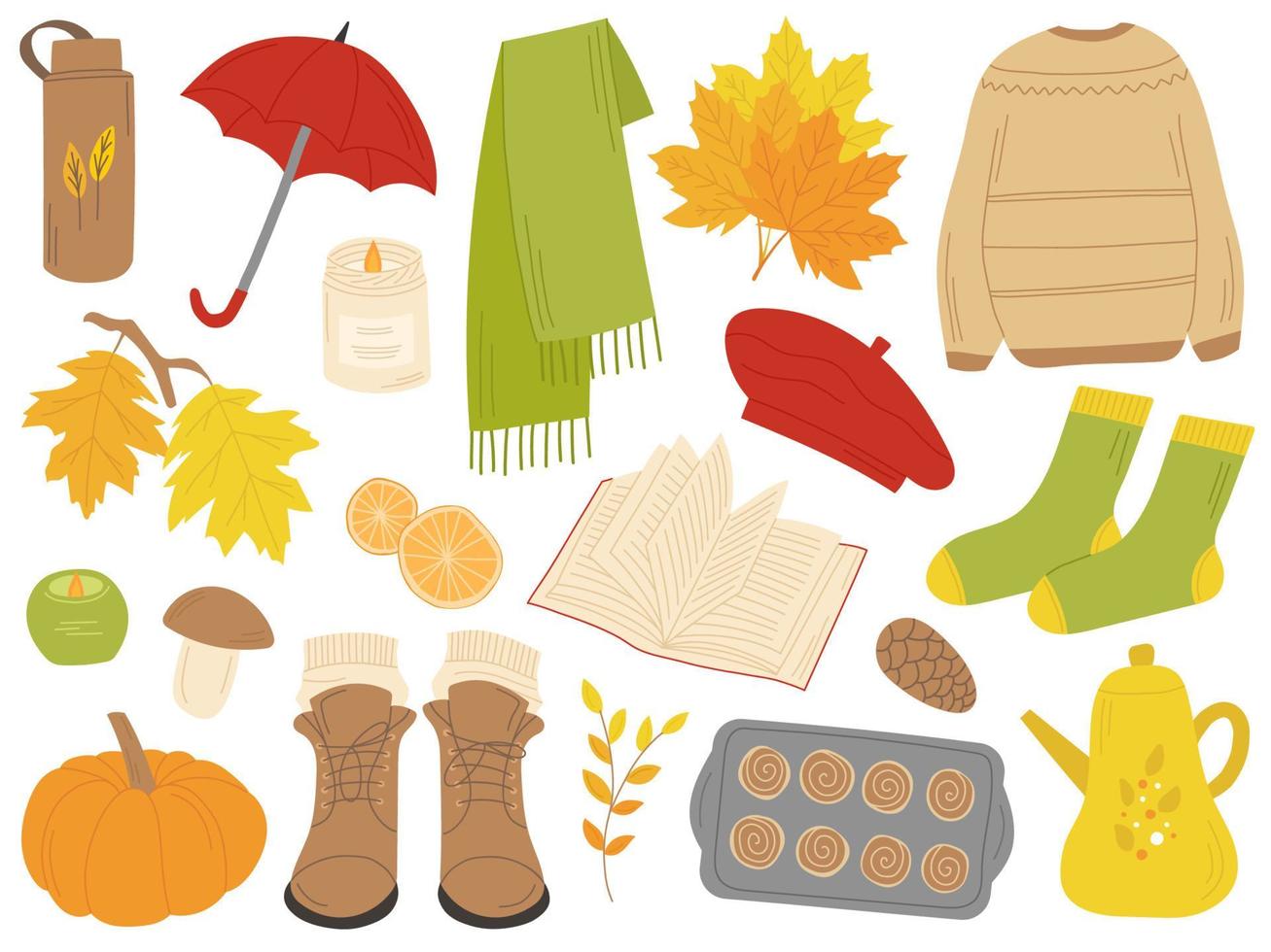 Autumn set of vector icons. Cartoon sweater. scarf, leaves, boots, books, teapot, pumpkin, pastries, beret, mushrooms, candles, socks, thermos. Fall season elements for sticker kit, poster, card.