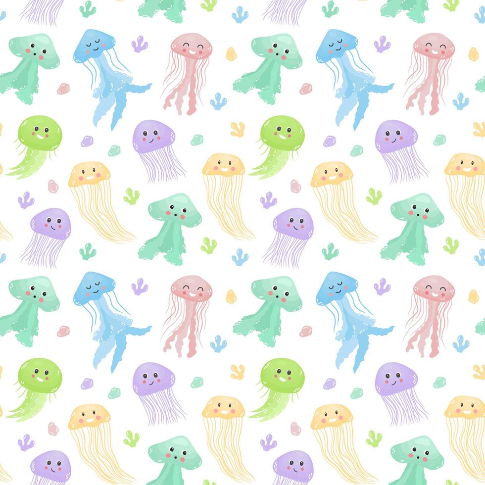 Seamless marine pattern of colored jellyfish on white background vector