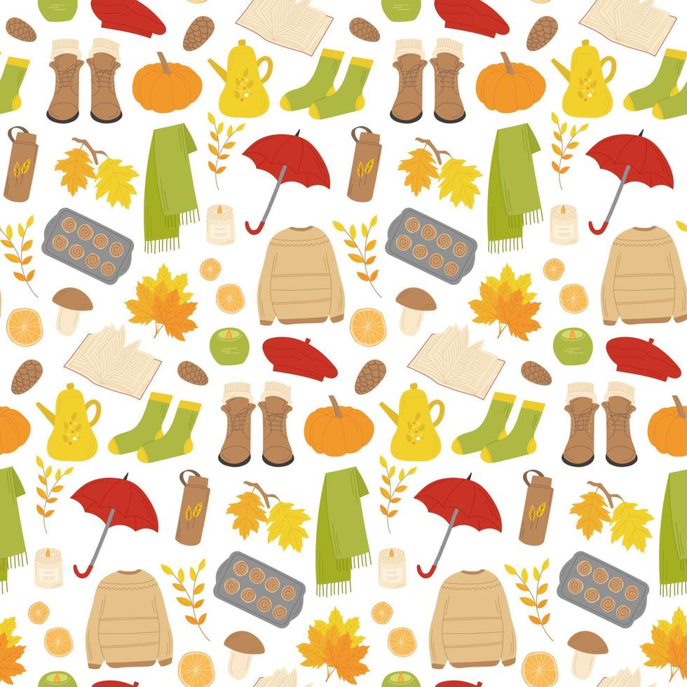 Autumn seamless pattern of vector icons. Cartoon sweater, scarf, leaves, boots, books, teapot, pumpkin, pastries, beret, mushrooms, candles, socks, thermos. Fall season elements.