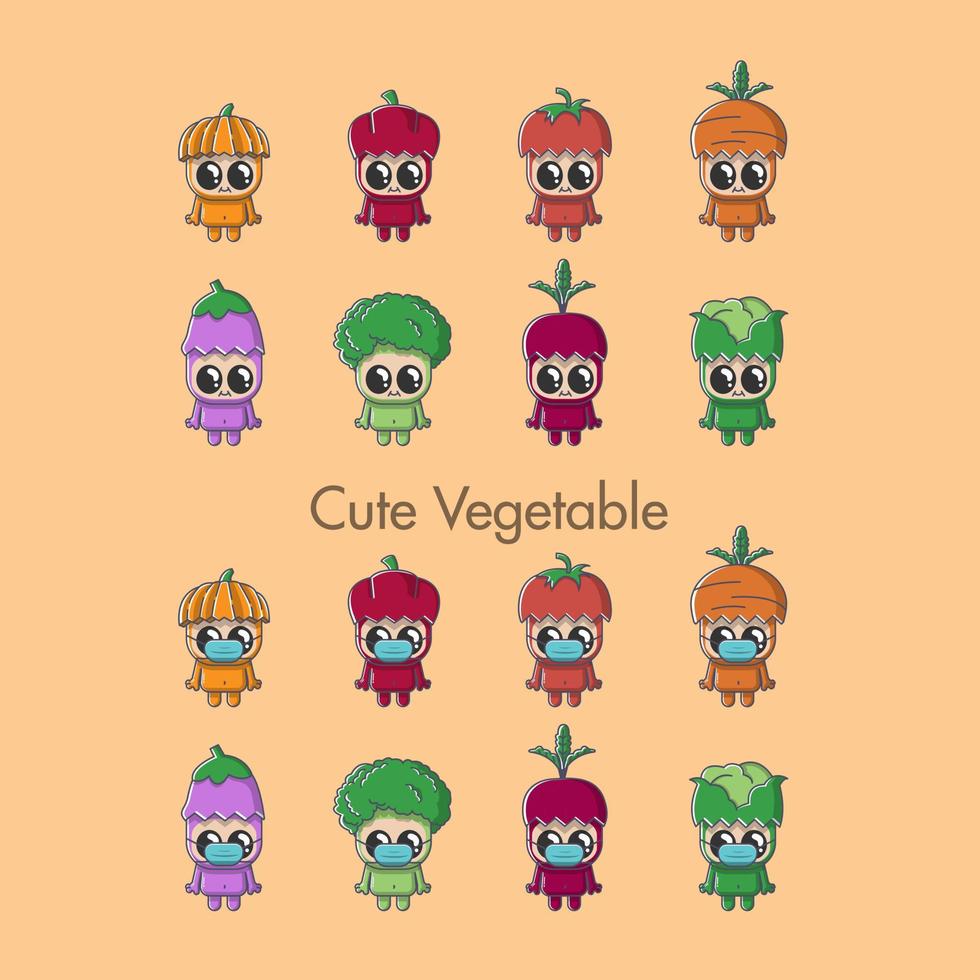 divertidos personajes de dibujos animados de verduras, con máscara y sin máscara vector