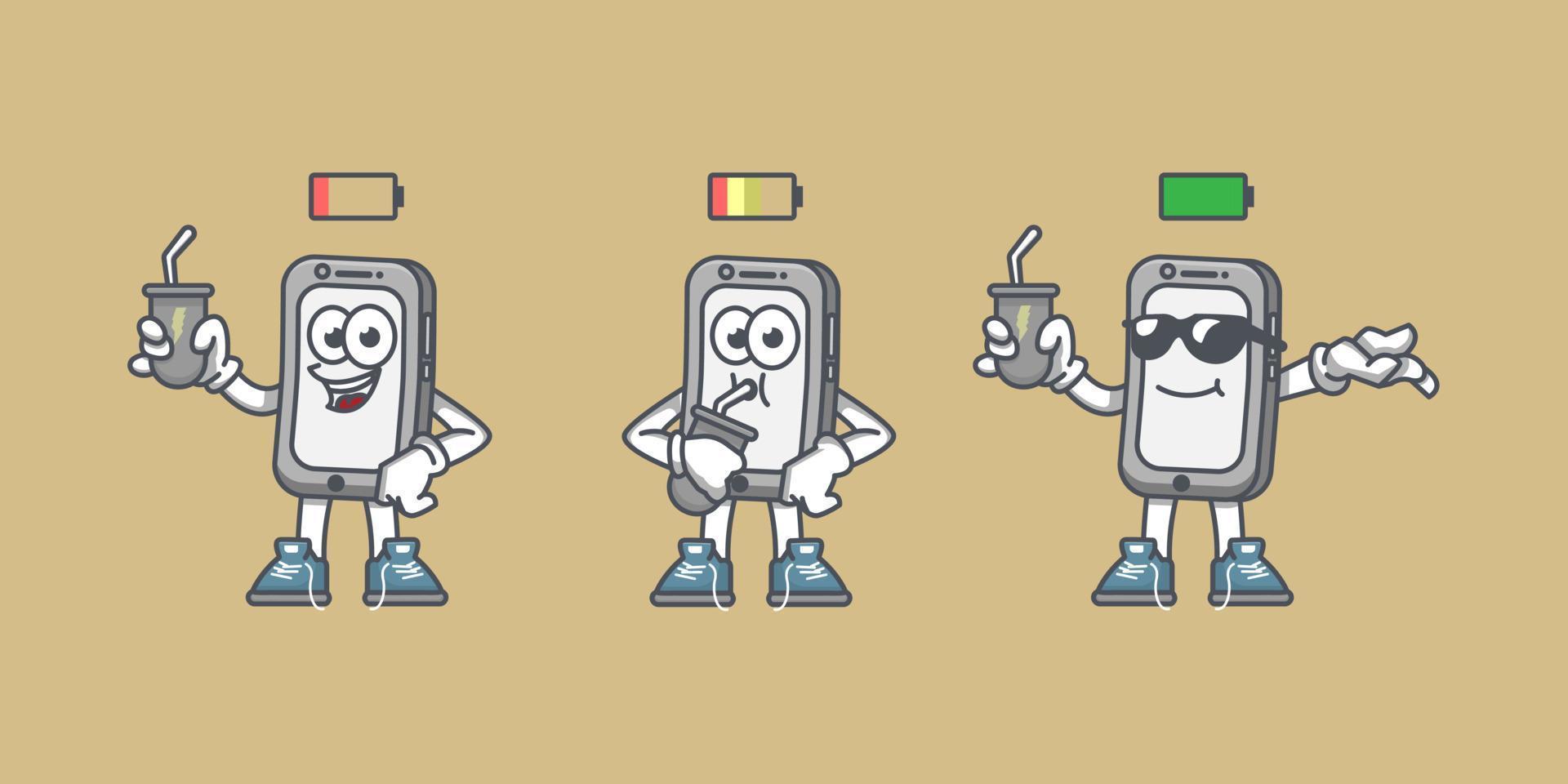 illustration of a low cell phone battery in the charger to a fully charged cell phone battery vector