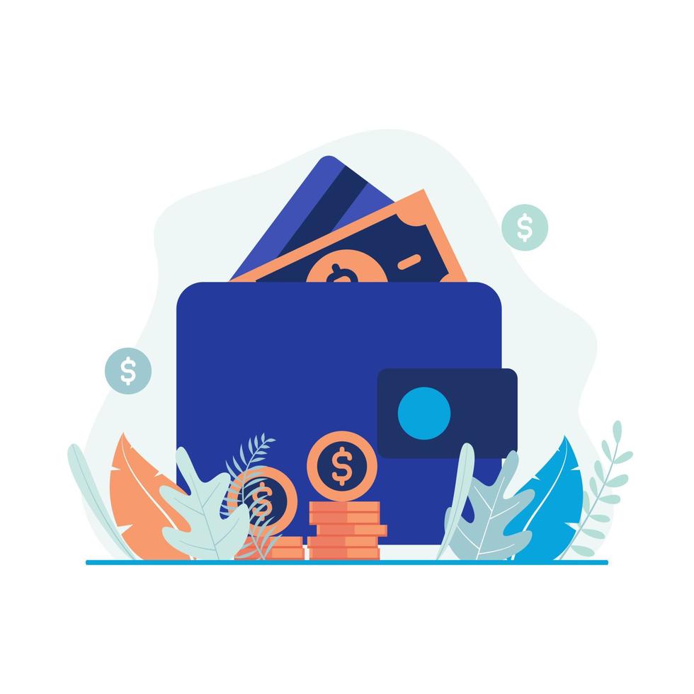 Money wallet illustration concept. Coin, wallet, credit card, money icon set. Flat vector suitable for many purposes.