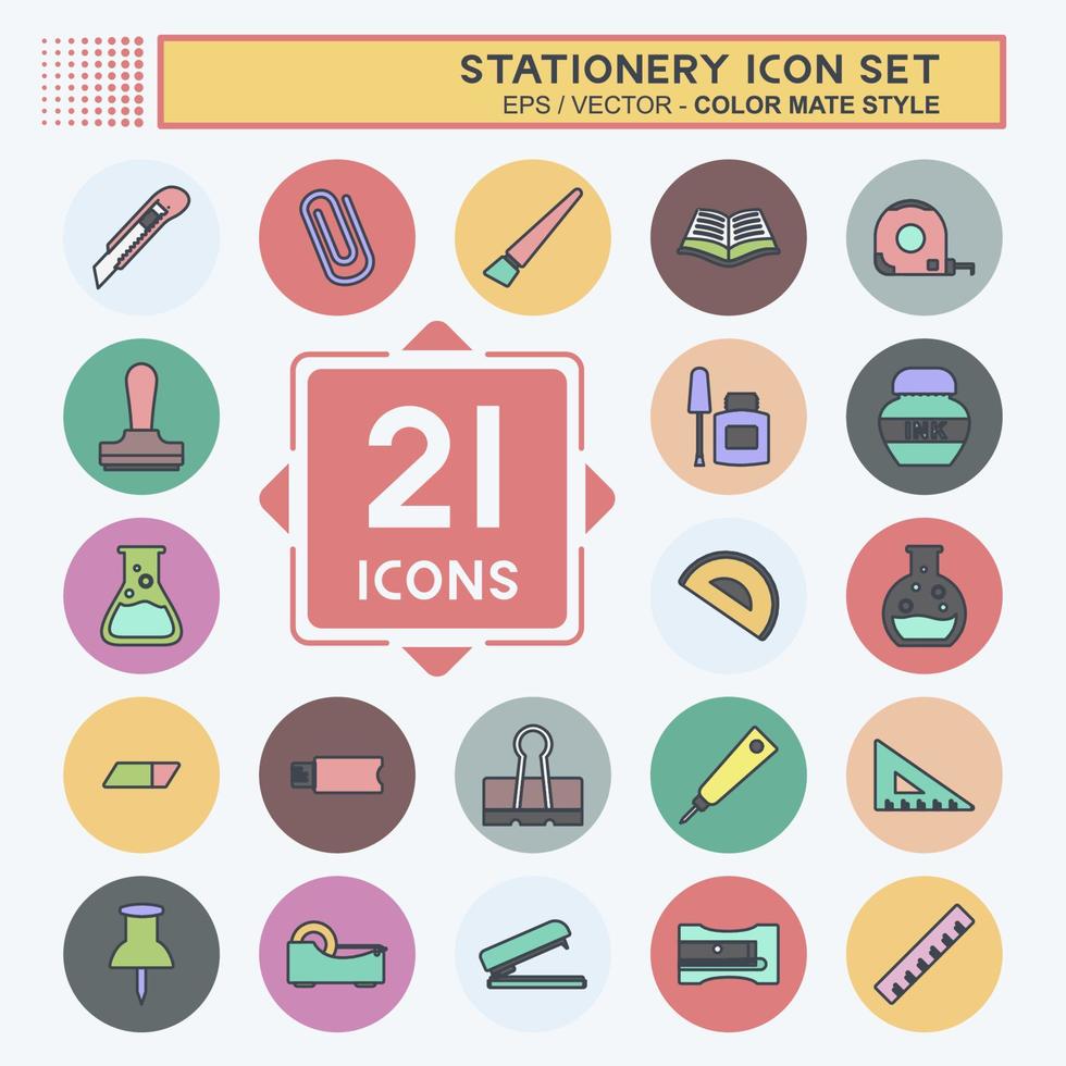 Stationery Icon Set in trendy color mate style isolated on soft blue background vector