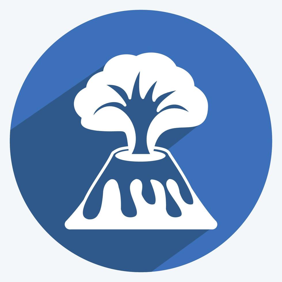 volcán en erupción icono en el moderno estilo de sombra larga aislado sobre fondo azul suave vector