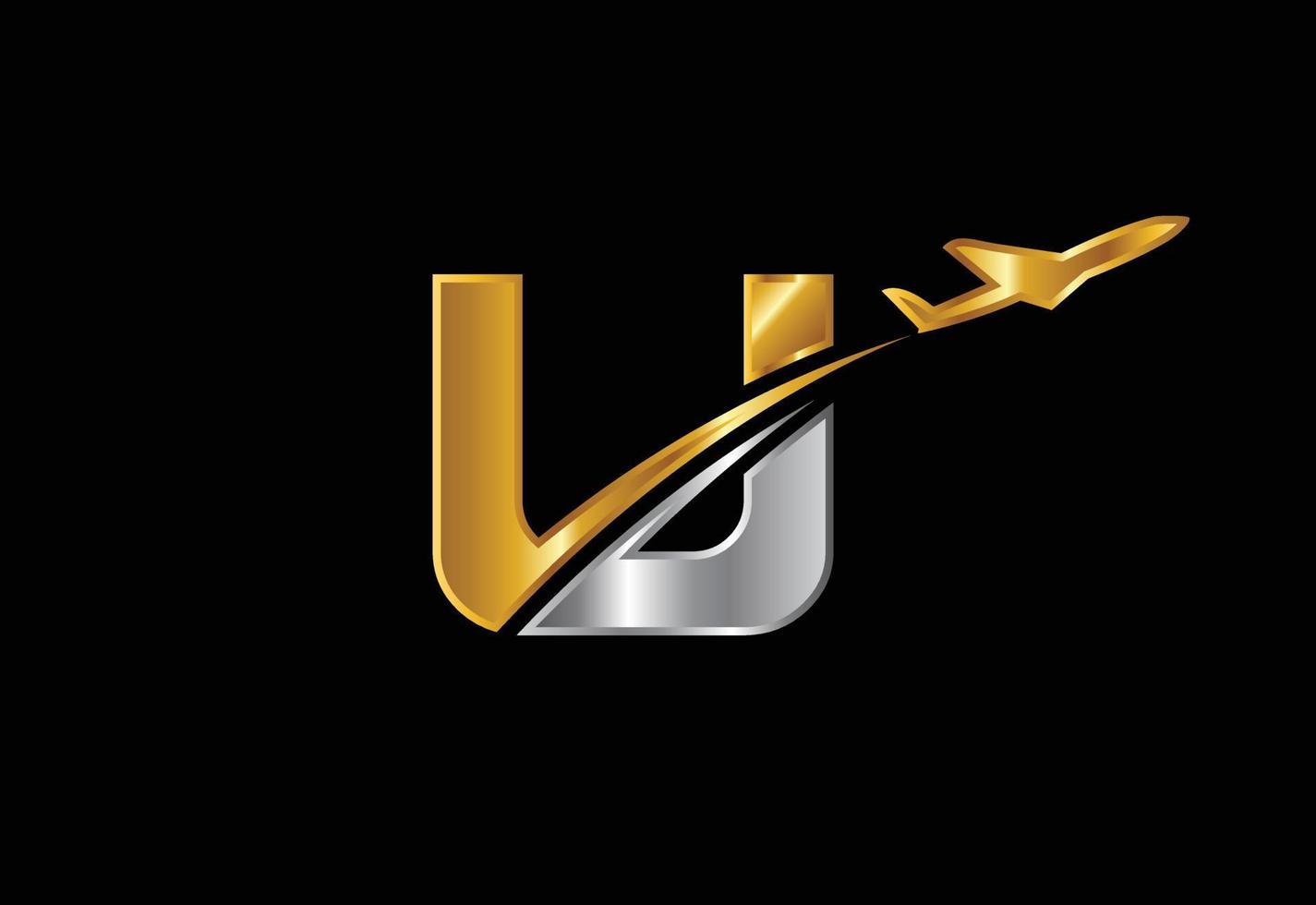 Initial letter U with airplane Logo Design. Airline, airplane, aviation, travel logo template. vector